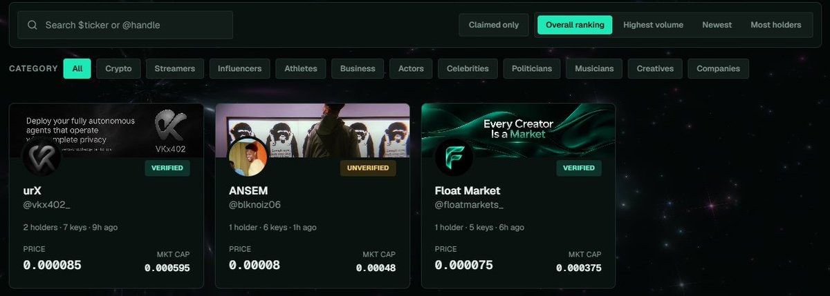 FloatMarkets_'s tweet photo. FLOAT is open, and the first markets are already moving.

Each one is a live Creator Key priced by demand, settled onchain. See what the market is pricing right now. https://t.co/YYgrm0tzCN