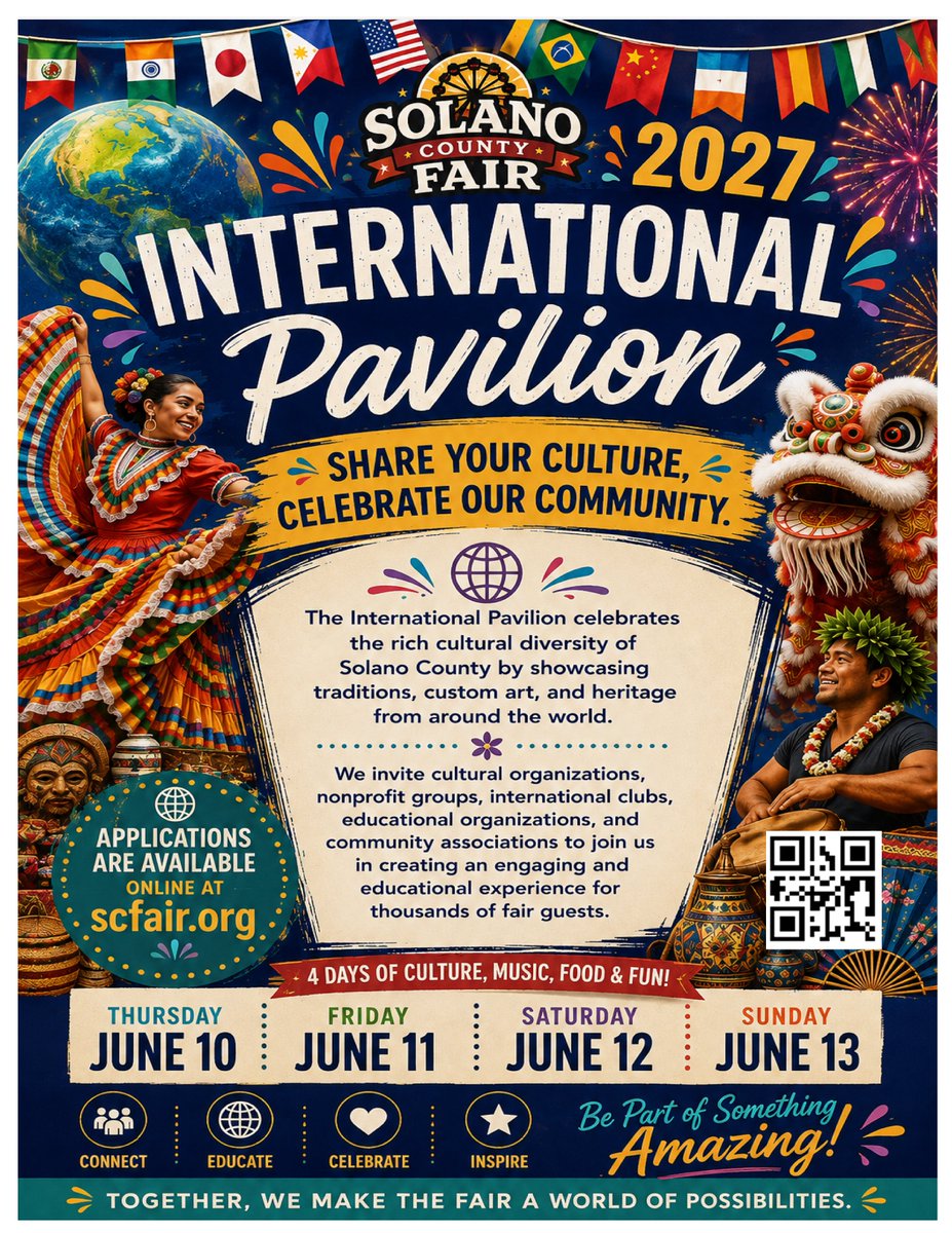 SCFair's tweet photo. 🌎🔥 WE NEED YOU! 🔥🌎
The 2027 Solano County Fair International Pavilion needs YOU to help showcase the incredible cultures that make our community special!
🎶 Music &amp; dance
🍴 Food &amp; traditions
🎨 Art &amp; heritage
🤝 Cultural &amp; community groups
📅 June 10–13, 2027
📝 Apply today https://t.co/3iqEabJU86