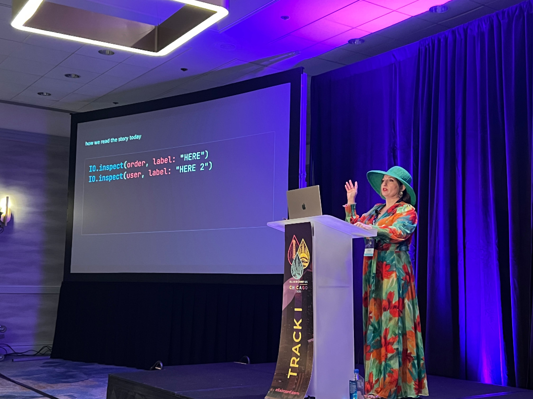ElixirConf's tweet photo. Now on Track 1: 'Let Your Code Tell Its Story: Runtime Comprehension in Elixir' with Angeleah Daidone.

#ElixirConf #ElixirConfUS #ElixirConfUS2026 #beam #elixir https://t.co/KhKjH5niFW