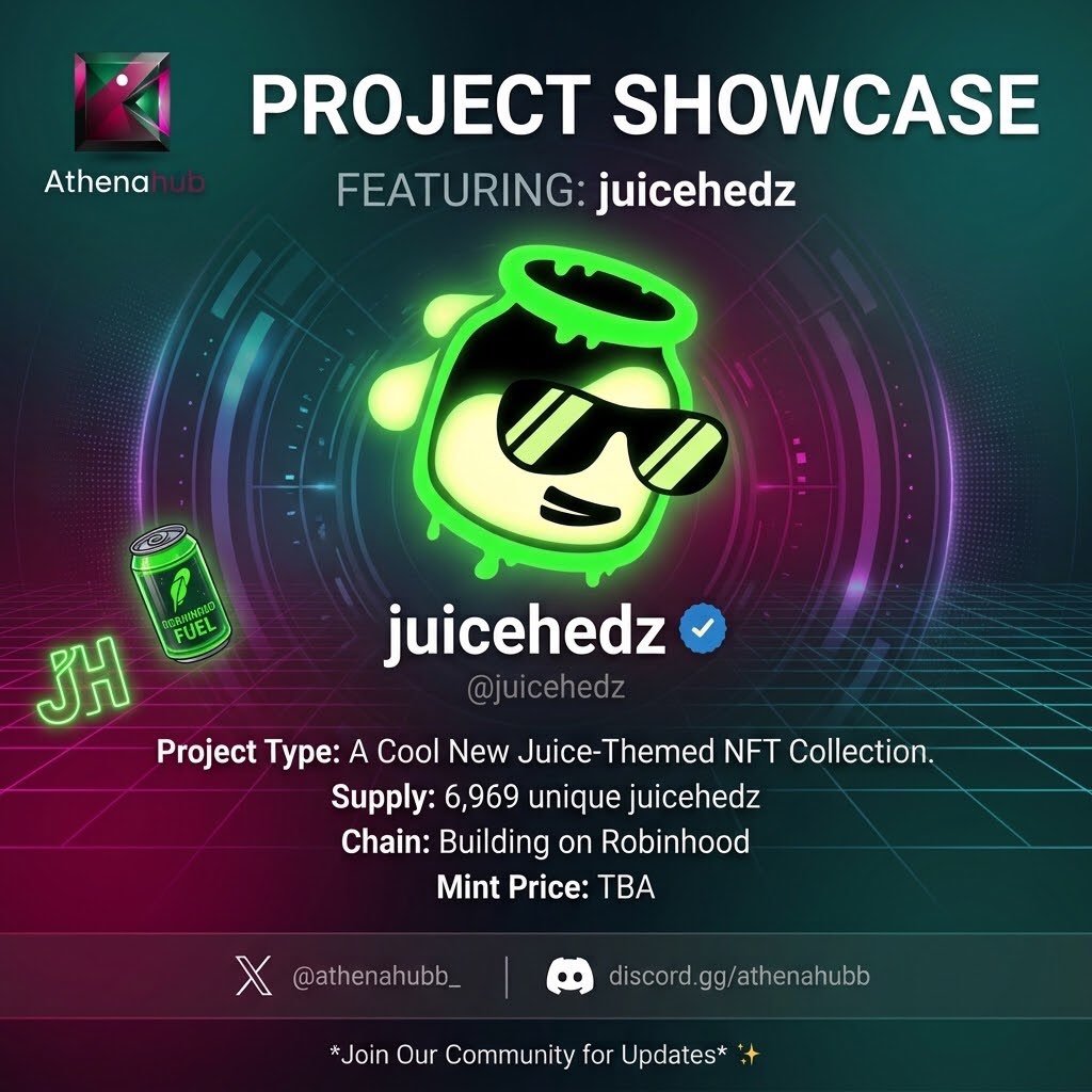 athenahubb_'s tweet photo. Athenahubb Project Showcase: @JuiceHedz

One of the creative projects building on Robinhood Chain is @JuiceHedz
Built around the concept "Emotion. Bottled."
JuiceHedz is creating an original character IP designed to grow far beyond NFTs. The vision is to build a recognizable brand that spans digital collectibles, physical merchandise, phygital experiences, storytelling, and entertainment.

Right now, the team's focus is on establishing the IP, growing its community, and laying the foundation for a broader ecosystem that will expand after launch.

Collection Details
• Supply: 6,969 NFTs
• Chain: Robinhood Chain
• Mint Price: TBA

If you're looking for projects focused on long-term brand building rather than just a mint, @JuiceHedz is one worth keeping on your watchlist.

Follow @JuiceHedz and @Athenahubb_ for more ecosystem highlights, community discoveries, and projects worth watching.
