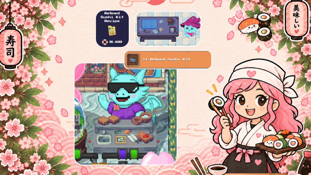Efe_Calyps's tweet photo. Today I made my very first Sushi Kit T3! 🍣 This makes me so excited because I’ve been waiting a long time to finally be able to say, “I have enough Buoy Bucks to spend a little on myself” since I’m saving most of them. 🩷✨

🍣 I needed:
➜ ⌇ Improved Sushi Kit x1 (T2)
➜ ⌇ Bedrock Brick x12
➜ ⌇ Irontite Bar x12
➜ ⌇ Sawstump Mould x7

And then I had to wait 18 hours for it to be ready! ⏰

You can buy the recipe from the Seaside Stash Store, located at the beach. 🏖️🚢
📍And it’s crafted at the Ministry of Innovation.

  •❀»»-----------------¤-----------------«
@pixels_online #pixels_online #PixelsCreator