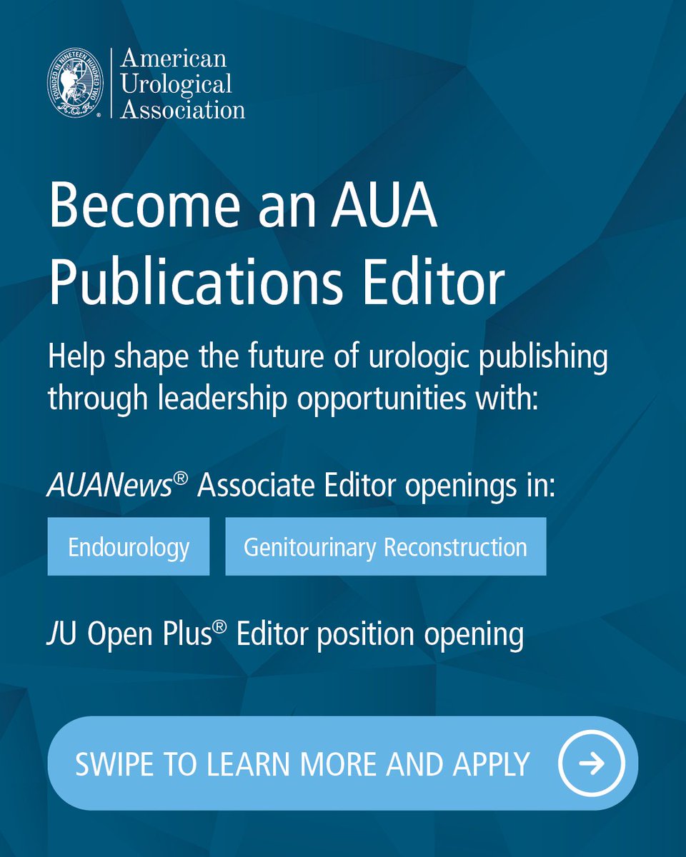 AmerUrological's tweet photo. 📑 Ready to make your mark on urologic publishing?

AUA Publications is recruiting for editorial leadership opportunities with #AUANews and @JUOpenPlus. Join a network of experts helping shape content, spotlight emerging topics, and advance the field of urology.

👉 Swipe through to learn more about each opportunity and application deadlines, then visit the link below to apply!
🔗 https://t.co/FBoBBnN9P3