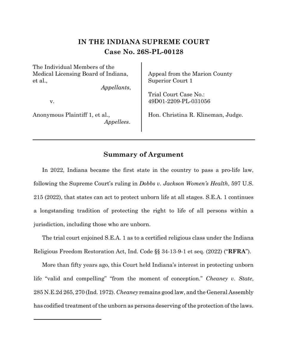 SenatorBanks's tweet photo. Oral arguments continue as the Indiana Supreme Court considers the religious right to an abortion.

Every unborn child deserves the right to life.

This is why I filed an amicus brief in the court arguing it has a responsibility to ensure our pro-life law remains in full effect. https://t.co/UdtuJZqGAO