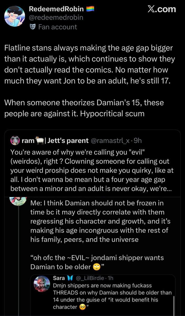 DayuntilRe's tweet photo. “2 year gap” meanwhile it’s a 14 and 18 year old 😬 but what do I expect from someone who’s still stuck with 17 year old Jon bc he can’t bother to keep up with comics to know Jon is 18 now, either way, jondami will always be ass, with and without the age gap https://t.co/IG3NmjQmiY