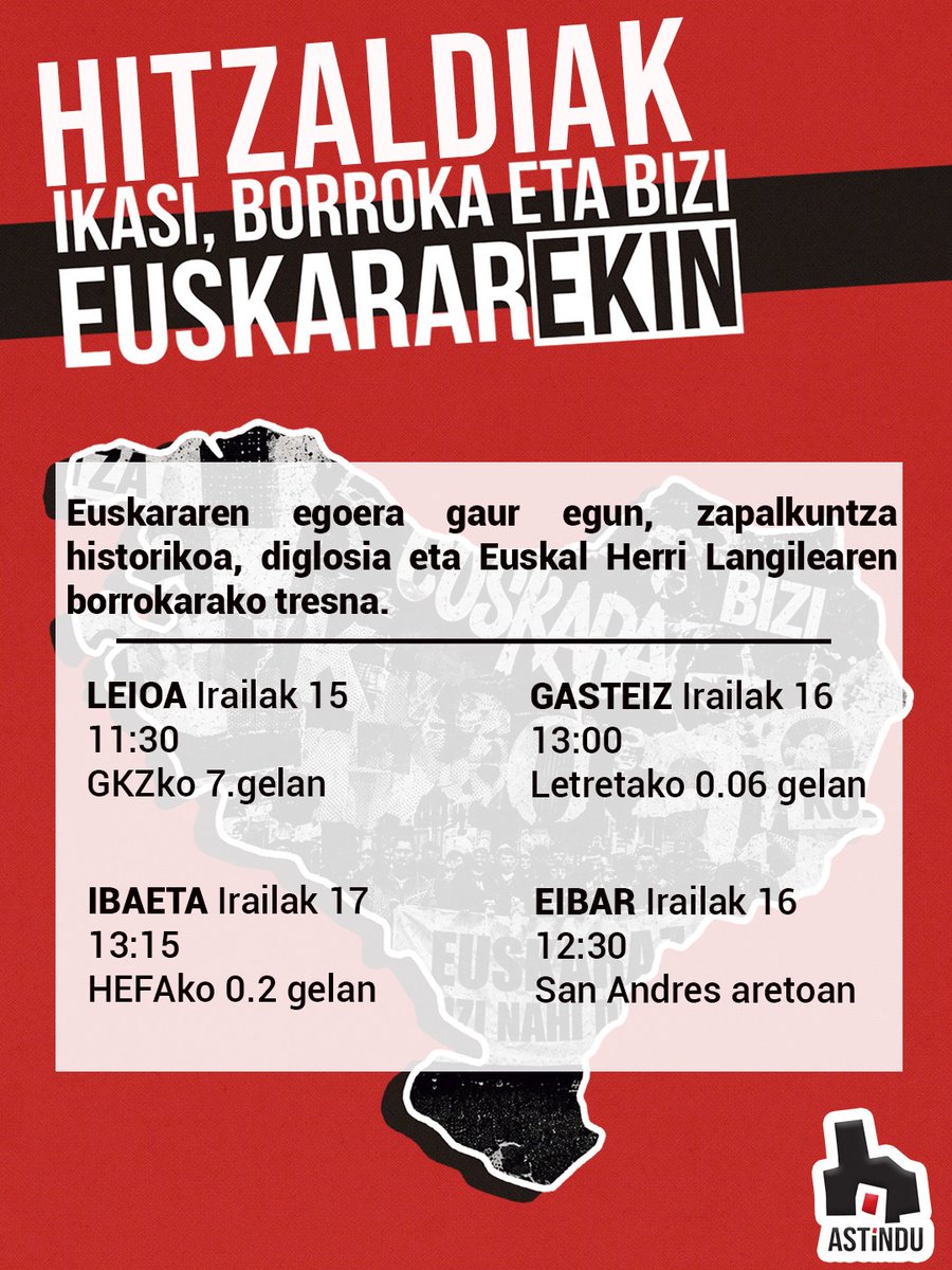 LeioaAstindu's tweet photo. Ikasi, borroka eta bizi euskararekin kanpainari jarraipena emanez, hitzaldiak prestatu ditugu datorren asterako hainbat campusetan. Hitzaldi hauetan euskara Euskal herri langileriaren askapenerako tresna garrantzitsuena bezala aztertuko dugu

IKASI, BORROKA ETA BIZI EUSKARAREKIN! https://t.co/EaYaEVhuKb