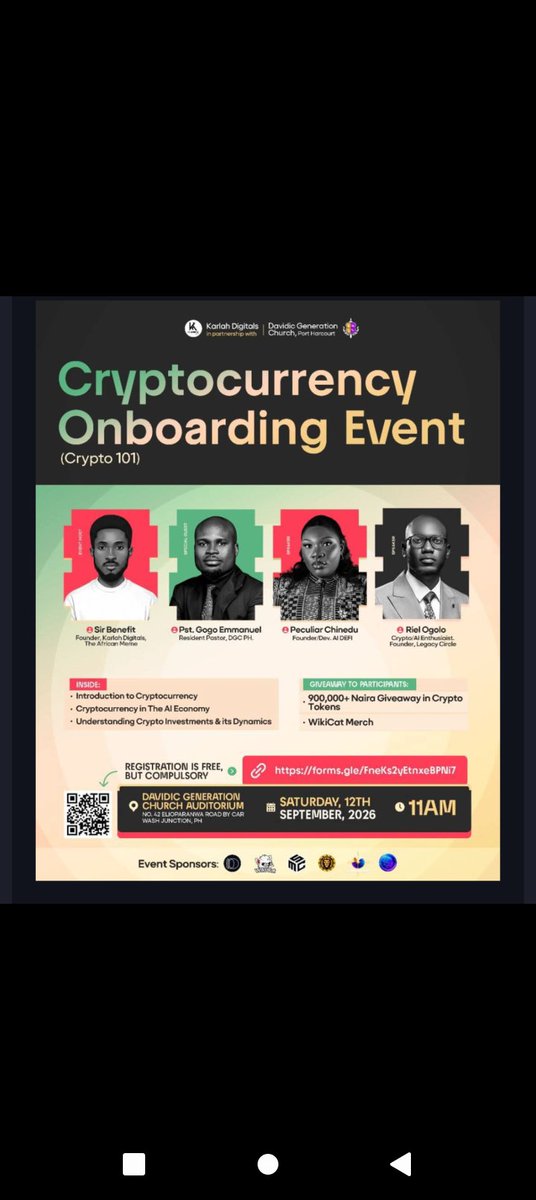 PPromise32272's tweet photo. TOMORROW IS THE DAY! 
Crypto 101 goes down tomorrow! 🔥

300+ people already registered/expected,

📍 Davidic Generation Church Auditorium, PH
📅 Sept. 12, 2026 | ⏰ 11AM

Crypto • AI • Investments • ₦900K+ giveaways 🎁

See you tomorrow! 🚀 https://t.co/MM79Qe0omO