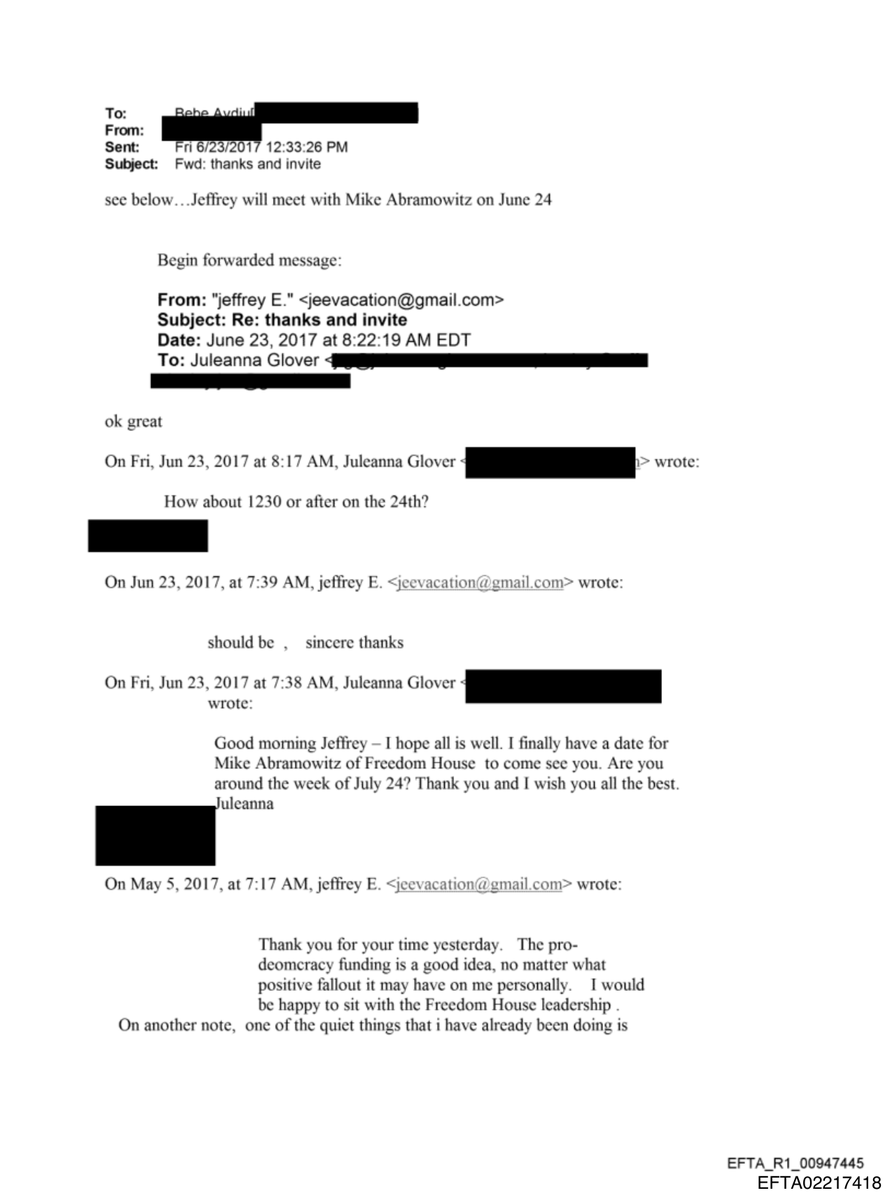 epsteinsearchin's tweet photo. Juleanna Glover's Washington firm advises Tesla, SpaceX and Google. In 2017 she got Jeffrey Epstein a sit-down with Mike Abramowitz of Freedom House.

Epstein, on funding pro-democracy work: "no matter what positive fallout it may have on me personally." https://t.co/oeKYvU9QDr