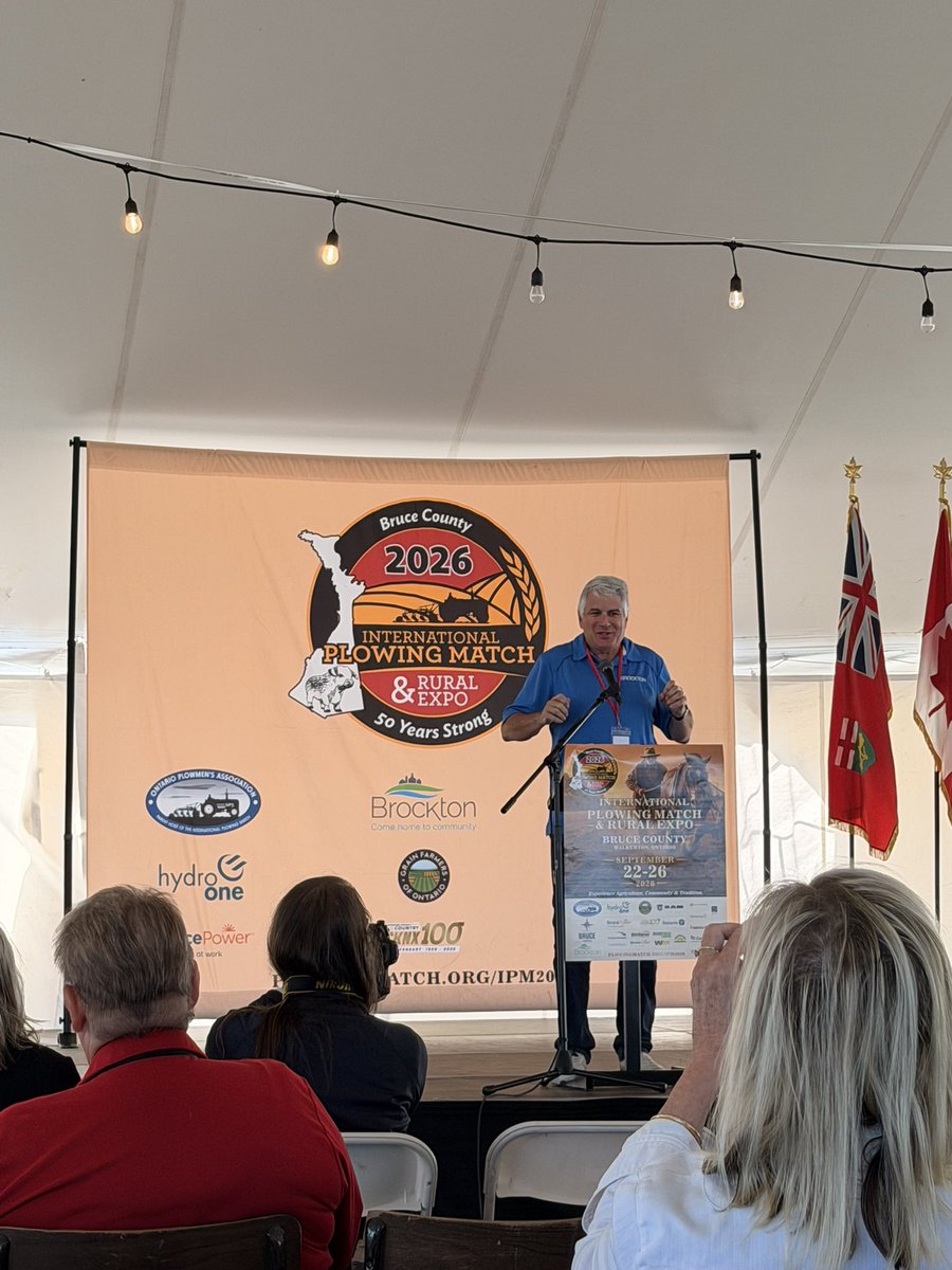 Steven_Travale's tweet photo. Excitement is building for the Bruce County IPM! 

Strong showing of press, committee chairs, elected officials @BenLobbMP, @LisaThompsonPC, @MayorPeabody and more at Media Day which included a tented city tour, first furrow, and dancing tractor demo.

Mark your 🗓️ for Sept 22-26 https://t.co/419zucQntu