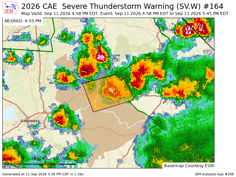 wxbrad's tweet photo. CAE issues Severe Thunderstorm Warning [wind: 60 MPH (RADAR INDICATED), hail: 1.00 IN (RADAR INDICATED)] for Kershaw, Lee, Sumter [SC] till 5:45 PM EDT https://t.co/Tp2RRXcMID https://t.co/HRDIRj1Qy2