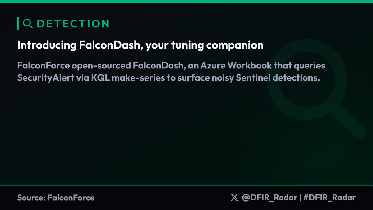DFIR_Radar's tweet photo. FalconForce open-sourced FalconDash, an Azure Workbook that queries SecurityAlert via KQL make-series to surface noisy Sentinel detections.

#DFIR_Radar https://t.co/SOuodUN5kJ
