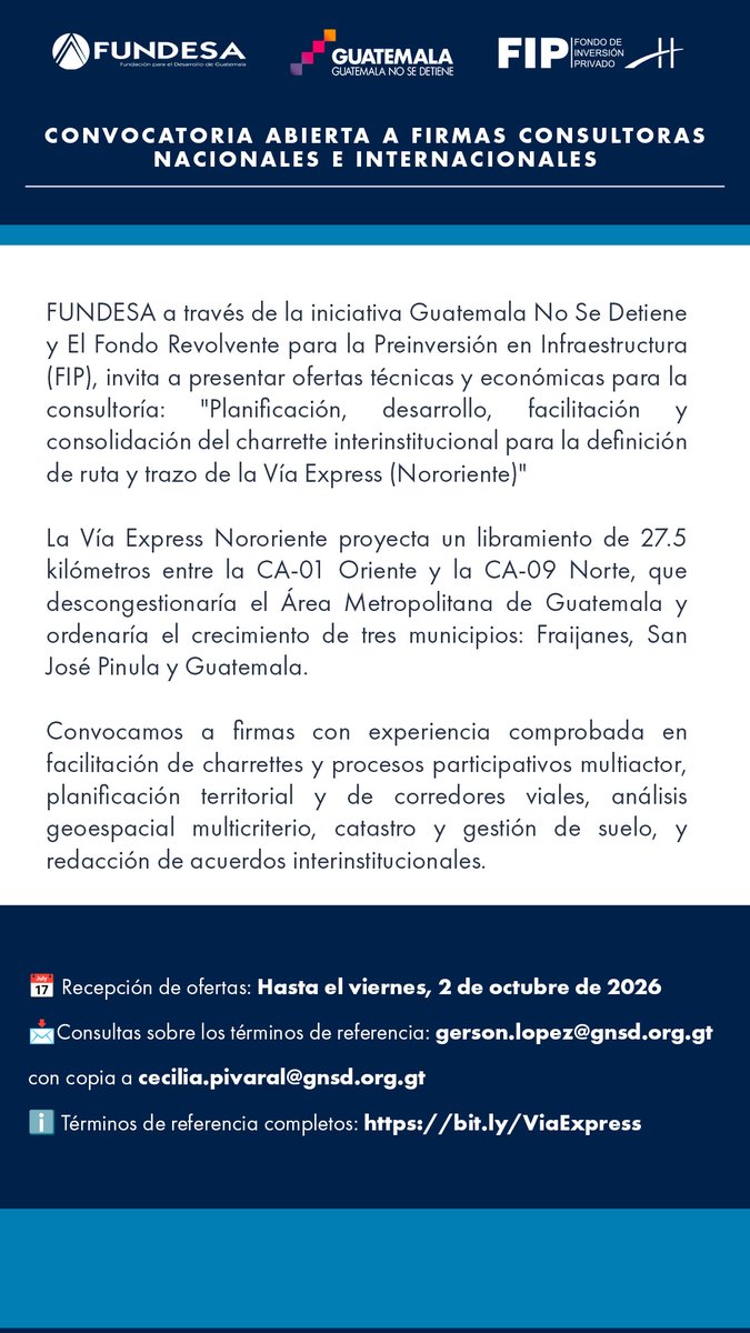 FUNDESA's tweet photo. 🚨CONVOCATORIA ABIERTA A FIRMAS CONSULTORAS NACIONALES E INTERNACIONALES

📅Recepción de ofertas: hasta el viernes, 2 de octubre de 2026
ℹ️Consultas sobre los términos de referencia: gerson.lopez@gnsd.org.gt con copia a cecilia.pivaral@gnsd.org.gt
🔗Términos de referencia completos:  https://t.co/NayTHJ5IpB