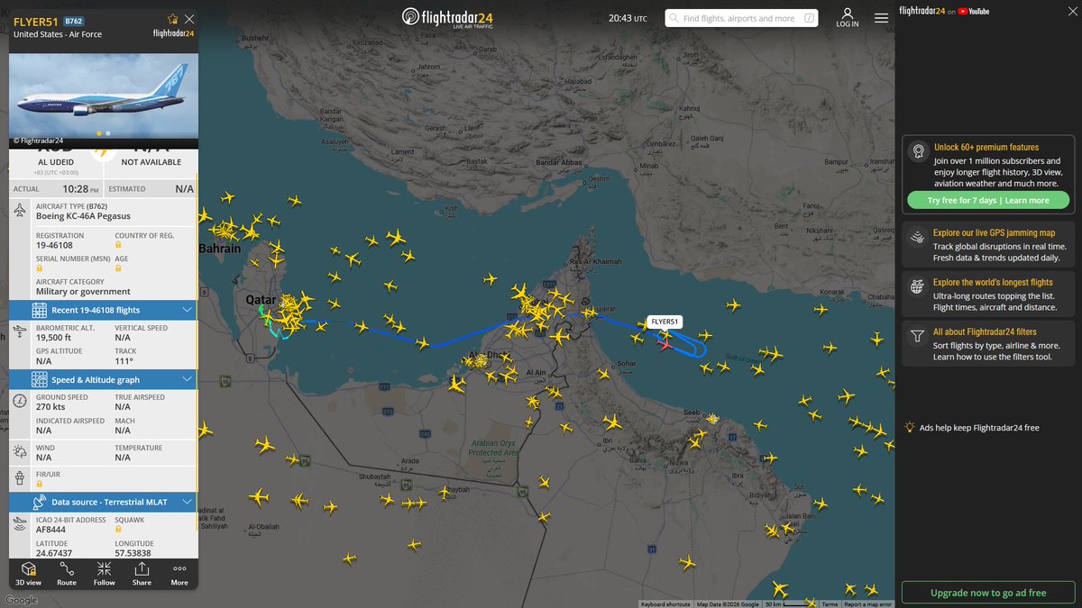 AIYeyENGDdJkjTr's tweet photo. Sept. 12, 2026
#Al-Udeid Air Base ==> #Gulf of Oman
#FLYER51 #AF8444 USAF KC-46A Pegasus 

#Al-Udeid Air Base ==> #Persian Gulf #Musandam Peninsula
#NoCALLSIGN #AE63BC USAF KC-46A Pegasus

#Al-Udeid Air Base ==> #Musandam Peninsula
#NoCALLSIGN #AFF012 USAF KC-46A Pegasus https://t.co/x2mg4PbitL
