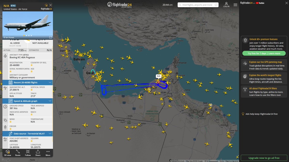 AIYeyENGDdJkjTr's tweet photo. Sept. 12, 2026
#Al-Udeid Air Base ==> #Gulf of Oman
#FLYER51 #AF8444 USAF KC-46A Pegasus 

#Al-Udeid Air Base ==> #Persian Gulf #Musandam Peninsula
#NoCALLSIGN #AE63BC USAF KC-46A Pegasus

#Al-Udeid Air Base ==> #Musandam Peninsula
#NoCALLSIGN #AFF012 USAF KC-46A Pegasus https://t.co/x2mg4PbitL