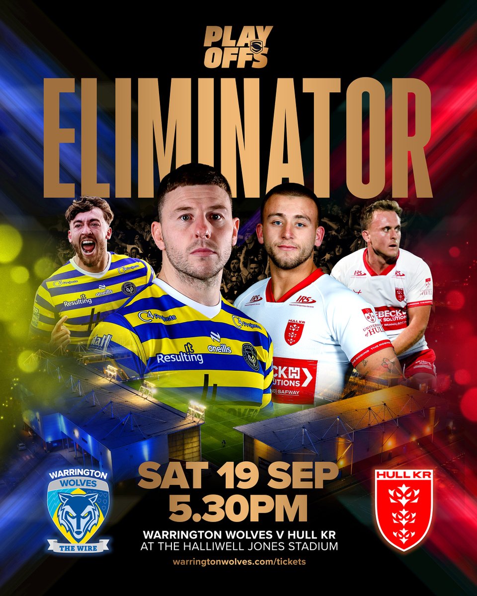 WarringtonRLFC's tweet photo. 🏉 PLAY-OFFS: HERE WE GO! We’ll face Hull KR in the play-off eliminator at The Halliwell Jones Stadium on Sat 19 Sep, 5.30pm

🎟️ Members get £5 off across all stands, with Junior Members just £5

Tickets on sale now with members seats reserved until 11am Monday

Get yours now: https://t.co/Ssl0ru1knb