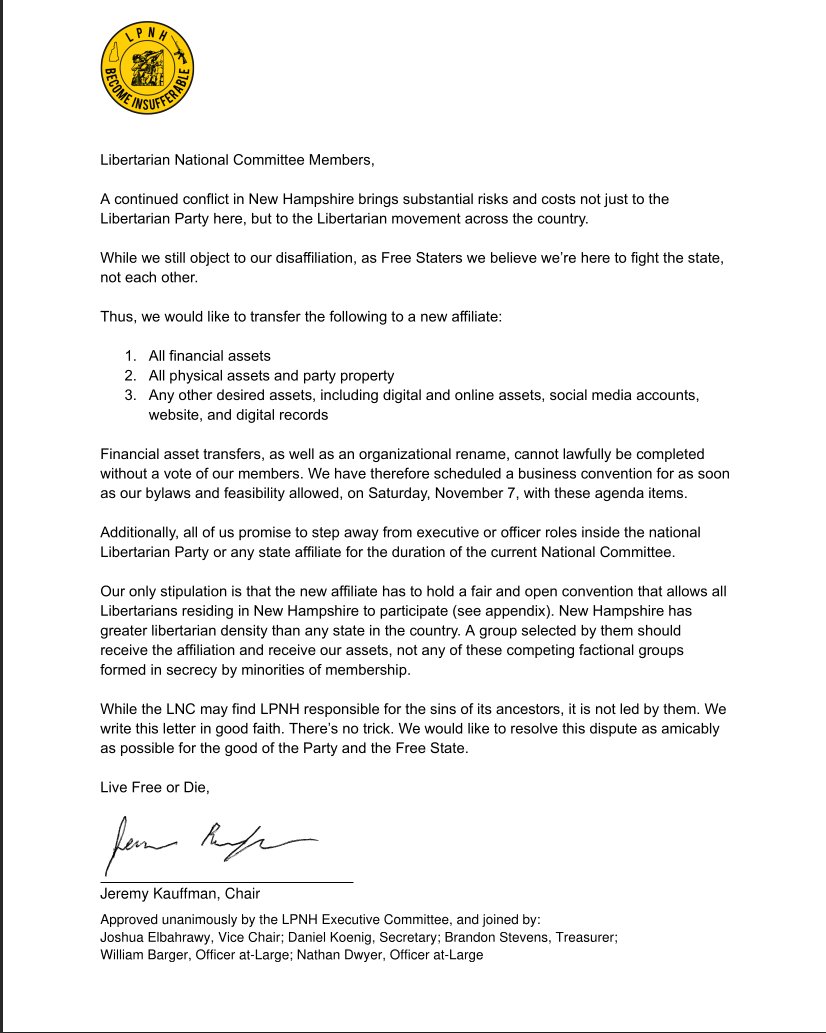 LPNH's tweet photo. LPNH has offered to turn over all of its assets to a new New Hampshire Libertarian Party affiliate.

While we disagree with the LNC, libertarians should fight the state, not each other.

Our letter in full can be read below. https://t.co/DBWO4ZyLRi