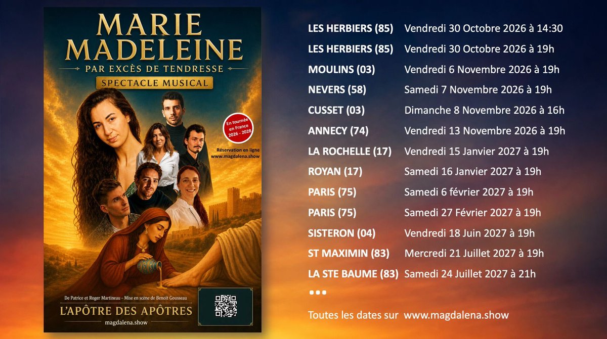 MMadeleineShow's tweet photo. Marie-Madeleine, le Musical - par excès de tendresse, en tournée. Venez vivre un spectacle musical grand public, porté par une histoire universelle de passion, de résilience et d’espérance. https://t.co/fhEC4VcZiV https://t.co/F2P8tCRCC7
