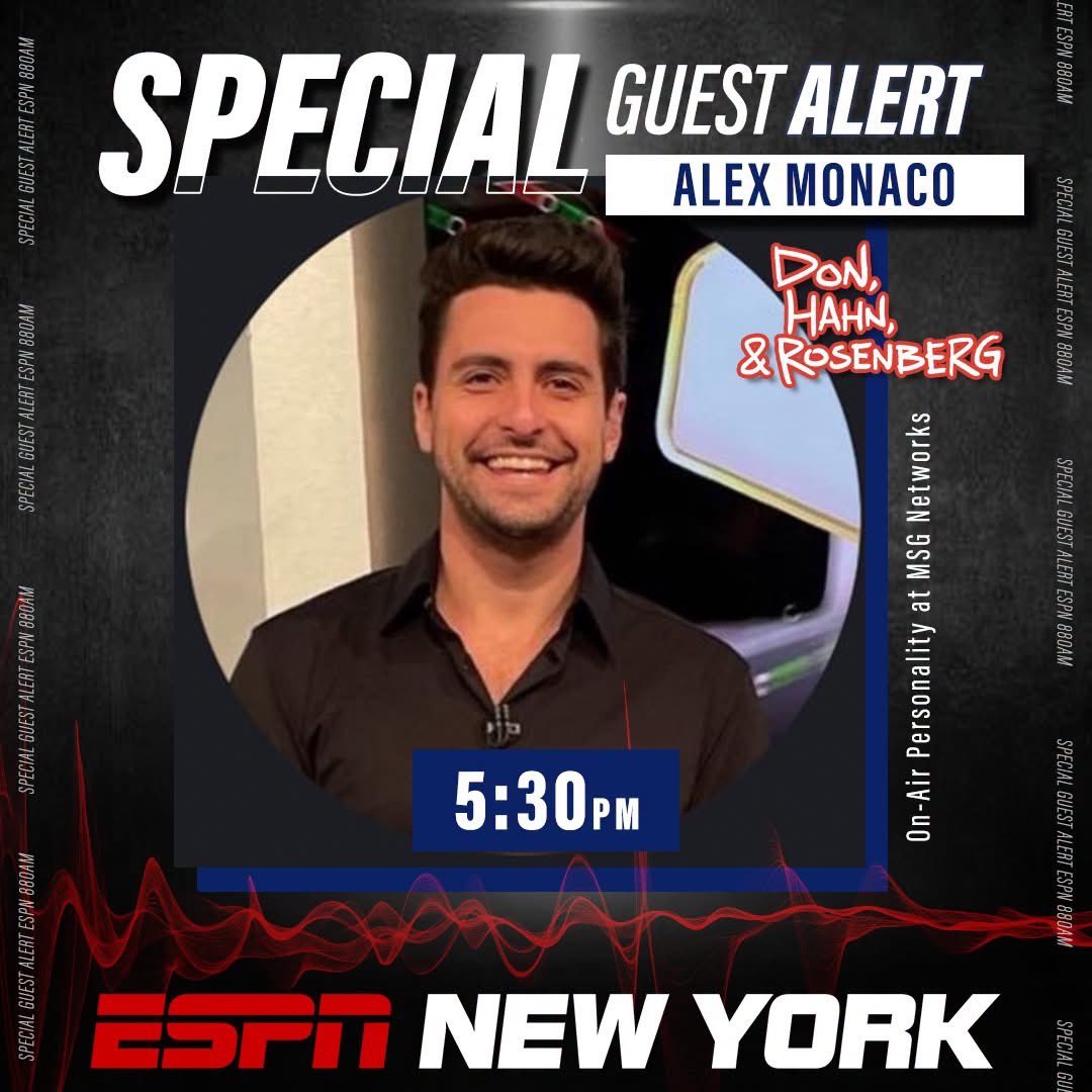 ESPNNewYork's tweet photo. SPECIAL GUEST ALERT!
TODAY at 5:30PM on @DHRonESPN:
@Alex__Monaco joins the program to give his best football bets of the weekend!
WATCH: https://t.co/nwJo2nZDJk or @MSGNetworks
LISTEN: https://t.co/LYZOQ2JJvB, on @880ESPNNewYork or on the @ESPNNewYork App! https://t.co/XtngNwhdwX