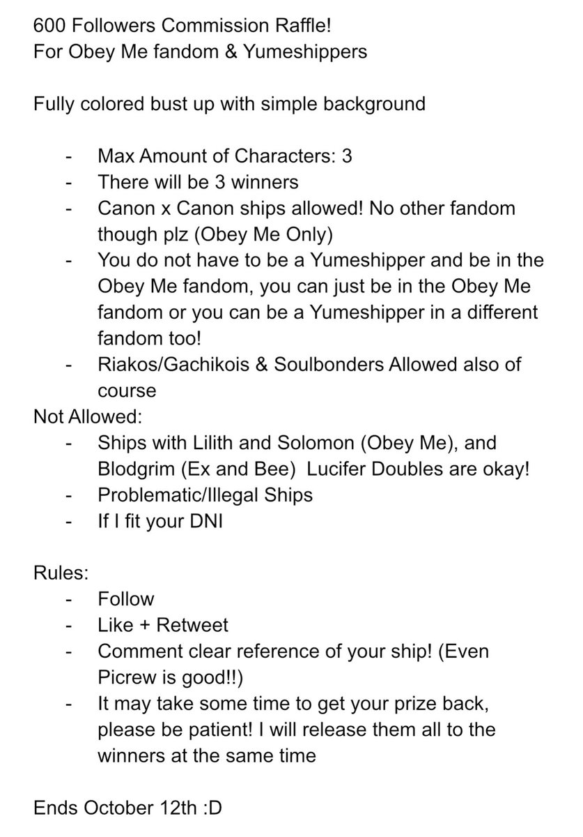Just_Luft's tweet photo. HEY YOU! 🫵
Want a comm of your Yumeship/Relationship? 
I’m doing a raffle for 600 followers! Thank you everyone for your lovely support it means the world to me and I want to give back 🥹
Make sure to read the rules! Ends in one month 

#yumetwt #omtwt #obeyme #yumeship https://t.co/N8pqDXF9N2