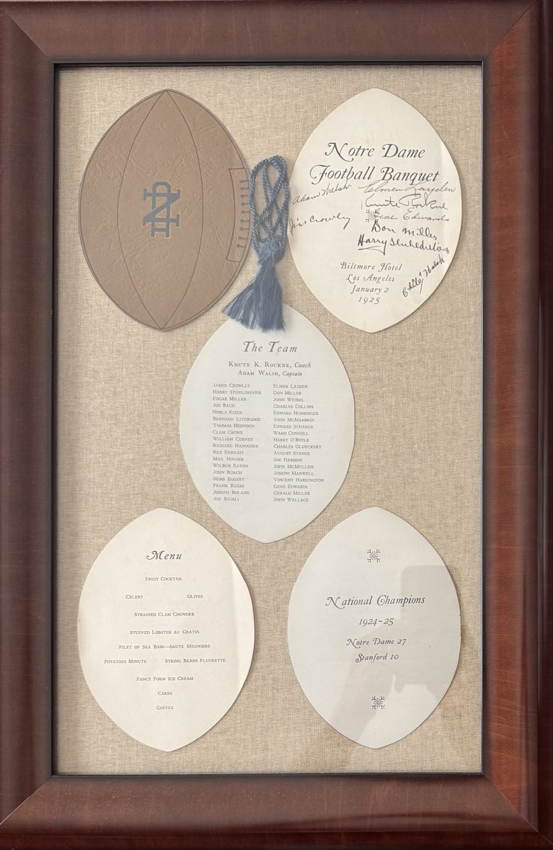 ChrisNdirish1's tweet photo. @CFBGuy999 Signed menu (Four Horsemen, Rockne and capt Adam Walsh) from the 1924 Natl Championship banquet at the Biltmore hotel after beating Stanford in the Rose Bowl. https://t.co/U5jsFI3rIb