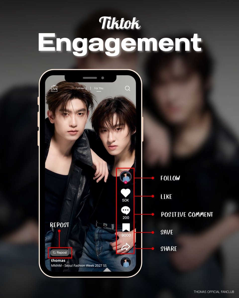 tthomastc_OFC's tweet photo. 📢 HOW TO BOOST ER FOR THOMASKONG

- ER (Engagement Rate) คือ อัตราการมีส่วนร่วม เช่น กดไลก์ คอมเมนต์ แชร์ หรือบันทึกโพสต์ 

- EMV (Earned Media Value) คือ มูลค่าทางสื่อที่น้องได้รับ ยิ่งค่า ER เยอะ ค่า EMV ก็จะยิ่งสูง โทมัสจะมีคุณค่ามากขึ้นในสายตาแบรนด์และสื่อ  

- MIV (Media Impact Value) คือ มูลค่าภาพจากสื่อ/แบรนด์/KOL ที่ลง สามารถเพิ่มยอดให้ทางสื่อได้โดยทำตามขั้นตอนในภาพเช่นเดียวกัน 

*ภาพที่มาจาก Official สามารถโพสลงได้ เช่น โทมัส น้องก้อง ทีมงาน และทางค่าย 
**งดการใช้ภาพ และวิดีโอของสื่อโพสลงซ้ำ เพราะจะทำให้เกิดการสับสนของต้นฉบับ ____________________________________  

📷 HOW TO BOOST ER FOR THOMASKONG 

- ER (Engagement Rate) refers to the level of audience engagement, such as likes, comments, shares, or saves.  

- EMV (Earned Media Value) is the media value gained from exposure. The higher the ER, the higher the EMV, which helps increase Thomas’s value in the eyes of brands and media.  

- MIV (Media Impact Value) is the value generated from media, brands, or KOLs posting content. It can boost media performance in a similar way to ER and EMV.  

* Official images may be reposted, such as those from Thomas Kong or DOMUNDI. 
** Please refrain from reposting images or videos from media outlets, as this may cause confusion regarding the original source.  

#tthomastc |@tthomastc