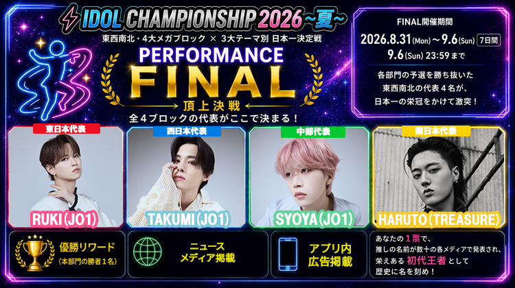 idolchamp_jp's tweet photo. 🏆 IDOL CHAMPIONSHIP 2026 〜夏〜 🏆
日本一決定戦🔥

【PERFORMANCE】部門💃
いよいよFINAL（決勝）が開幕！

激戦の地区予選を勝ち抜いたトップ4名が集結！
圧倒的なパフォーマンスで観客を魅了し、「日本一」の頂点に立つのは誰だ！？✨

💃 FINAL進出者
東日本代表：RUKI (JO1)
西日本代表：TAKUMI (JO1)
中部代表：SYOYA (JO1)
南日本代表：HARUTO (TREASURE)

「あなたの1票で、推しの名前がメディアで発表され、
栄えある初代王者として歴史に名を刻む！」

🗓 FINAL（決勝）期間
2026.8.31(Mon)〜9.6(Sun) 23:59

👇 投票はこちらから！
https://t.co/UzDpFrhiuH

#IDOLCHAMP #IDOLCHAMPIONSHIP2026