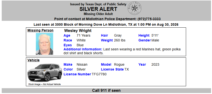 TX_Alerts's tweet photo. ACTIVE SILVER ALERT for Wesley Wright from Midlothian, TX, on 08/30/2026. https://t.co/KKLnh804YA