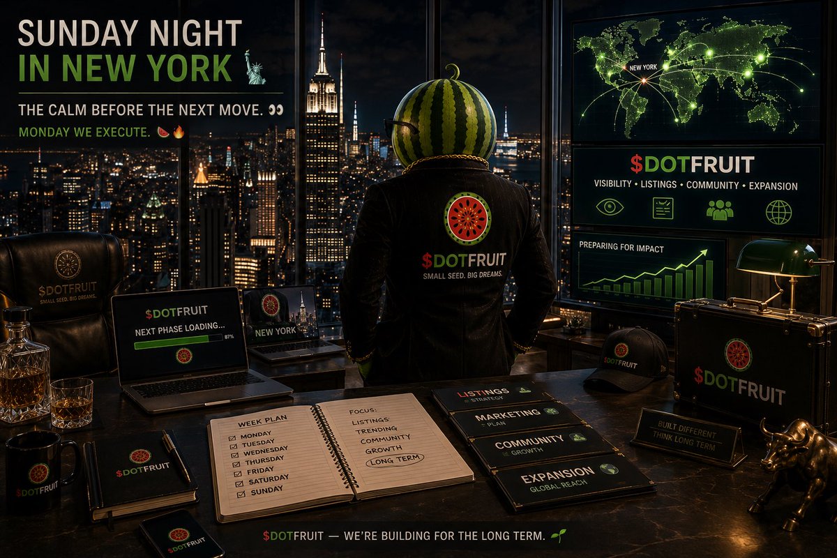 TheDotFruit's tweet photo. 🍉🗽 SUNDAY EVENING IN NEW YORK… AND $DOTFRUIT HAS BEEN BUSY.

While Sunday is a day of rest for many, behind the scenes we’ve been preparing for a BIG week ahead. 🌱

The focus?

📋 Working toward new listings
📈 Positioning $DOTFRUIT for more visibility
🔥 Preparing marketing & community activity
🤝 Expanding our reach
🌎 Getting more eyes on the fruit

Some people are getting impatient because they want everything to happen overnight.

We understand.

But $DOTFRUIT was never built with an overnight mentality.

We’re planting for the long term. 🌱➡️🌳

And some of the people watching quietly today may be surprised when they see the level of activity we’re preparing for the coming weeks and months. 👀🍉

We don’t need to make crazy promises.

We need to WORK. EXECUTE. GROW. REPEAT.

New York has been productive. 🗽💼

Tomorrow begins another week of the journey.

Stay close.

$DOTFRUIT IS JUST GETTING STARTED. 🍉🔥

🌱 Small Seed. Big Dreams.
#DOTFRUIT #Solana #Memecoin