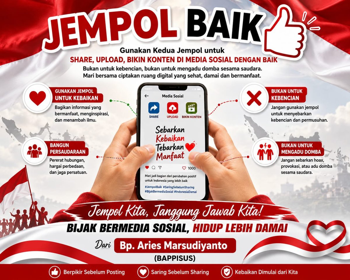 akramdaud91's tweet photo. 👍 𝐉𝐞𝐦𝐩𝐨𝐥 𝐊𝐢𝐭𝐚 𝐏𝐮𝐧𝐲𝐚 𝐊𝐞𝐤𝐮𝐚𝐭𝐚𝐧 🇮🇩❤️

Gunakan untuk membagikan informasi yang bermanfaat, bukan menyebarkan kebencian, hoaks, atau mengadu domba. Saring sebelum sharing. Berpikir sebelum posting.

#Bijakbermedsos 
#TPPKerjaBerdampak
#JempolkuBaik https://t.co/R1nGAG88mZ