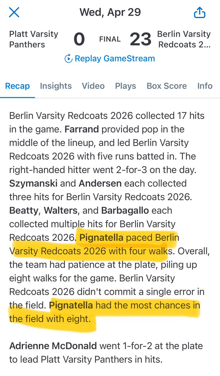 LPignatella2029's tweet photo. April 29, 2026
BHS vs Platt
W 23-0 https://t.co/DXb3GaNJiG