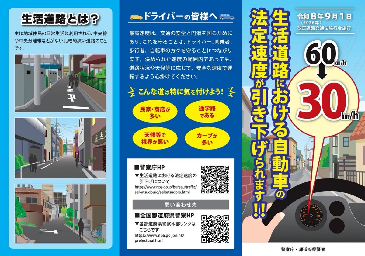 toyama_police's tweet photo. 【交通規制課です】
いよいよ明日から、生活道路の法定速度「30」キロ！
中央線などがある道路は法定速度60キロ、中央線などがない道路は法定速度30キロとなります。
決められた速度の範囲内であっても、道路や交通の状況に応じた安全な速度で運転しましょう。 https://t.co/k4vqhOZpnu