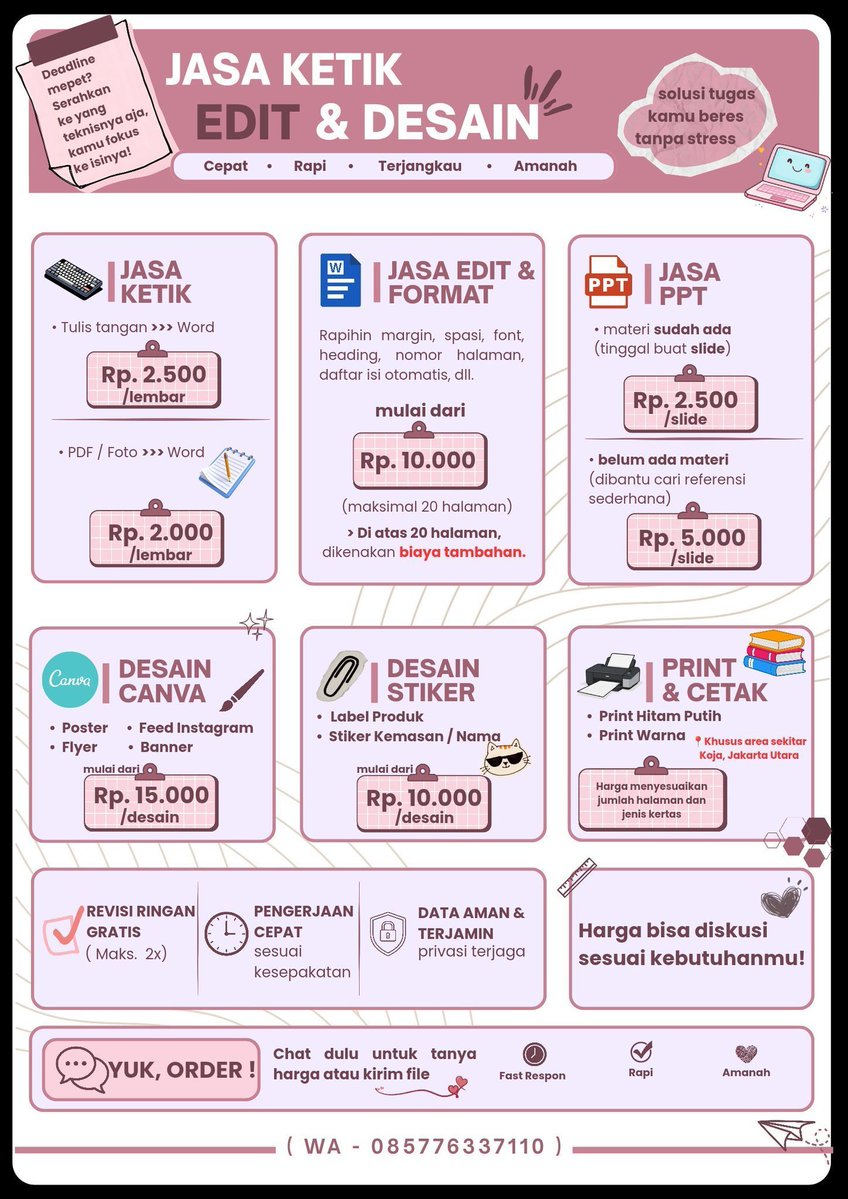 ajayyedobook's tweet photo. Template siap pakai buat bantu hidup lebih rapi ✨

📝 Jasa ketik, edit &amp; desain
💸 Keuangan tahunan &amp; bulanan, keuangan UMKM
💍 Wedding planner

Tinggal pakai, nggak perlu ribet bikin dari nol.
DM kalau mau lihat detailnya 👀
#zonauang #jokitugas #jokitugaskuliah https://t.co/hCUwSDa4IZ