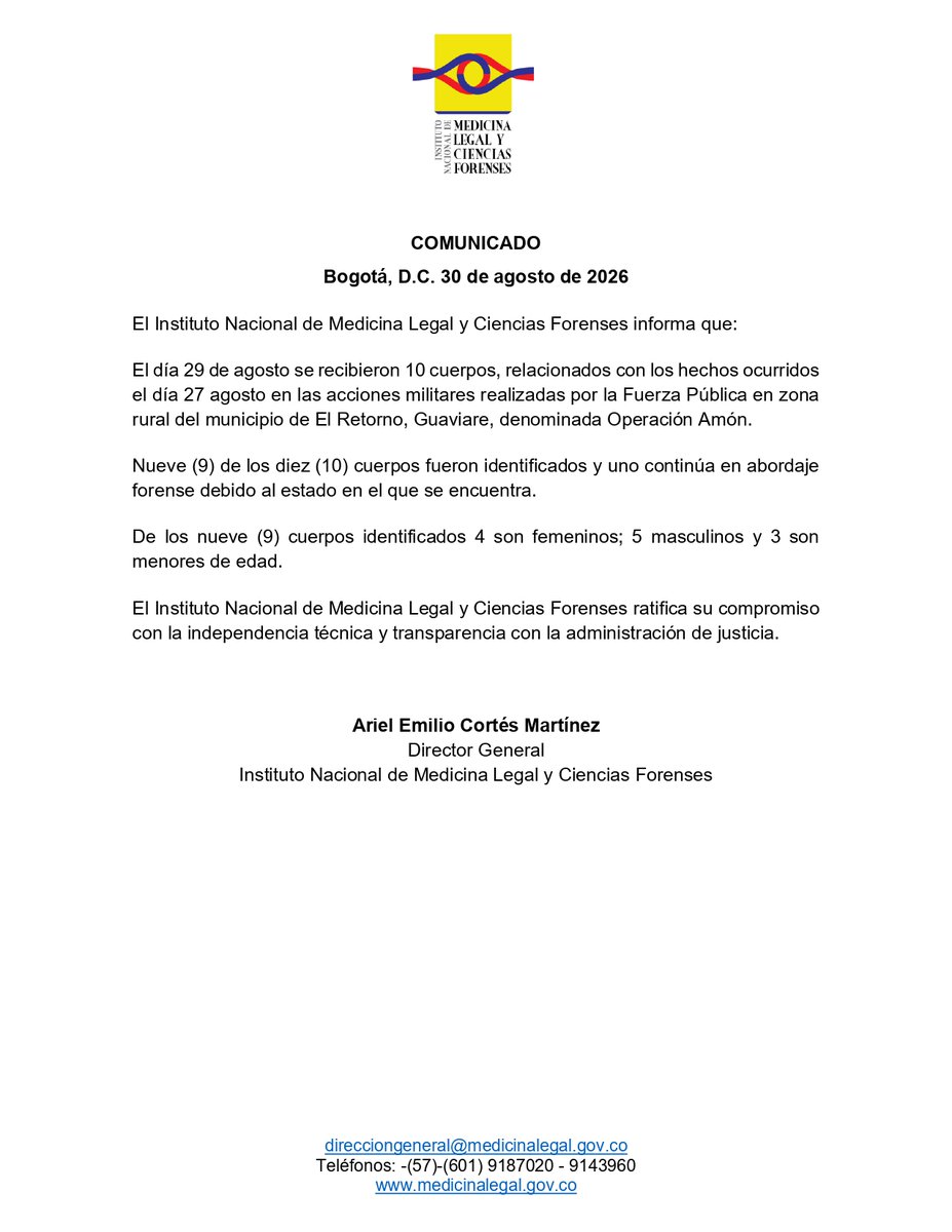 ELTIEMPO's tweet photo. 🔴Atención: tres menores de edad murieron en el segundo bombardeo del Gobierno de De La Espriella

Medicina Legal confirmó que nueve de los diez cuerpos fueron identificados y uno continúa en abordaje forense.

De los nueve cuerpos identificados 4 son femeninos, 5 masculinos y 3 son menores de edad. No se identificó a  Juan Antonio Agudelo Salazar, alias Urías Perdomo.

https://t.co/Fmgz0hOGnd