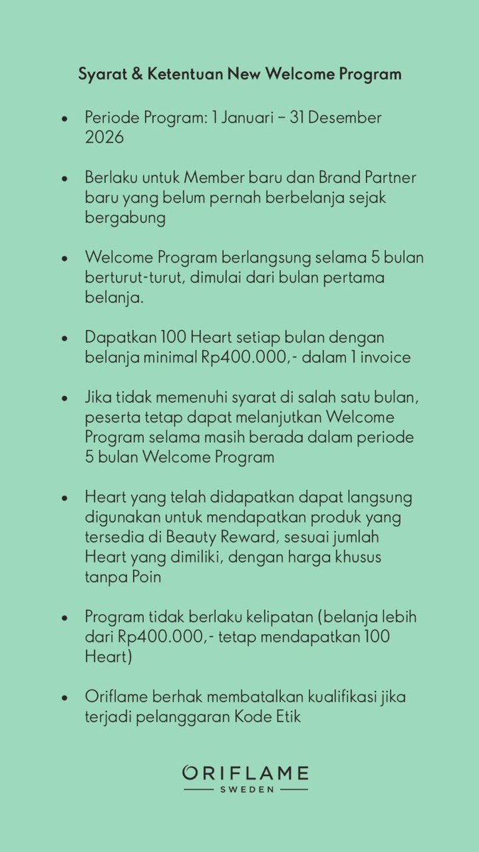 thermopollin's tweet photo. NEW WELCOME PROGRAM ORIFLAME 2026! ✨

Baru gabung oriflame? Ada benefit menarik nih! 💕

Cukup belanja minimal Rp400.000 dalam 1 invoice → dapat 100 Heart setiap bulan

Serunya, Heart-nya bisa langsung ditukarkan dengan produk favorit di Beauty Rewards dengan harga spesial 😍 https://t.co/JaH5qjzlNw