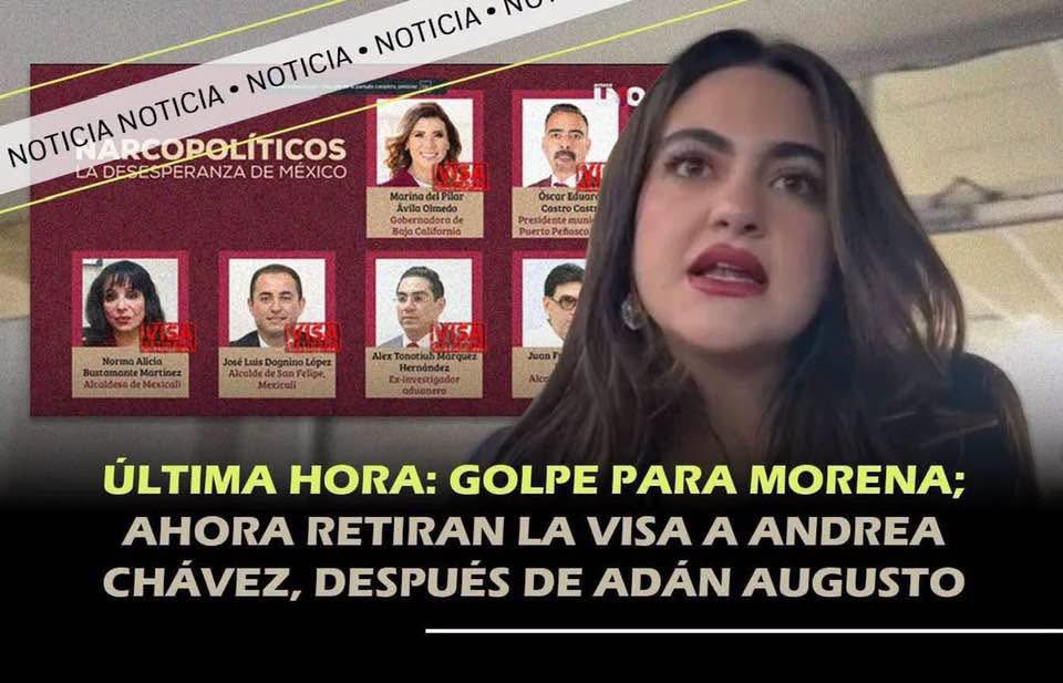 VigiaCiudadano7's tweet photo. En un movimiento que sacude el panorama político mexicano, el Departamento de Estado de Estados Unidos confirmó  la cancelación definitiva de la visa diplomática y de turismo de la senadora Andrea Chávez, aspirante a la gubernatura de Chihuahua.

Fuentes cercanas a la embajada estadounidense en México revelaron que la medida responde a "vínculos no declarados con personas bajo investigación por actividades ilícitas", aunque hasta el cierre de esta edición no se ha emitido un comunicado oficial con los pormenores del caso.

La senadora, quien se ha perfilado como una de las figuras jóvenes más cercanas al presidente Andrés Manuel López Obrador, habría sido notificada la noche del martes a través de un correo electrónico del Servicio de Ciudadanía e Inmigración de EU (USCIS), donde se le informa que su entrada a territorio americano queda vetada de manera indefinida.

Este revés ocurre apenas dos semanas después de que la misma autoridad estadounidense retirara las visas a otros dos funcionarios morenistas, lo que confirma —según analistas— una estrategia deliberada del gobiernonorteamericano para presionar a la Cuarta Transformación en temas de seguridad.