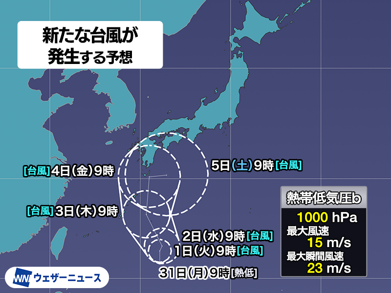 wni_jp's tweet photo. 【台風発生予想】
8月31日(月)9時現在、日本の南で発達中の熱帯低気圧について、気象庁は「24時間以内に台風に発達する見込み」と発表しました。次に発生すると「台風24号」と呼ばれることになります。
さほど発達はしない予想ですが、今後の進路に注意してください。
https://t.co/GQDZr3KCEZ https://t.co/3Sko9IUhdQ