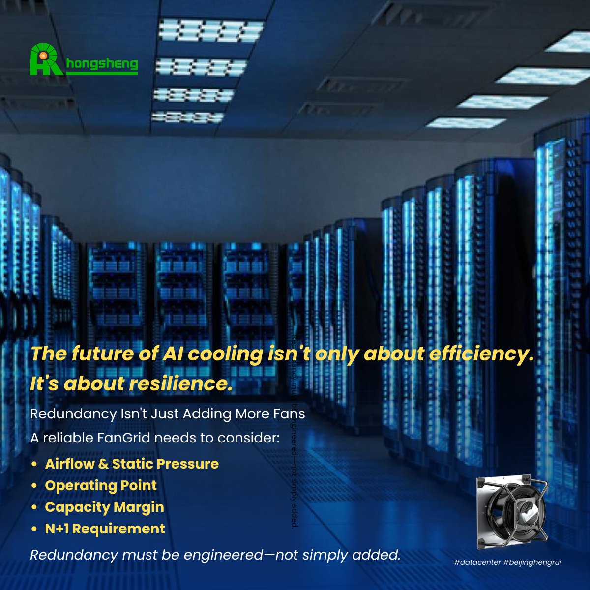 BJHengruifan's tweet photo. 🚨 AI Data Centers Are Scaling. But What Happens When One Cooling Fan Fails?
Read our latest article and share your thoughts:
How do you approach cooling redundancy in mission-critical systems? https://t.co/6wW2imDcac   
#DataCenter #AICooling #FanGrid #CoolingReliability #ECFan https://t.co/2cTyYeiliY