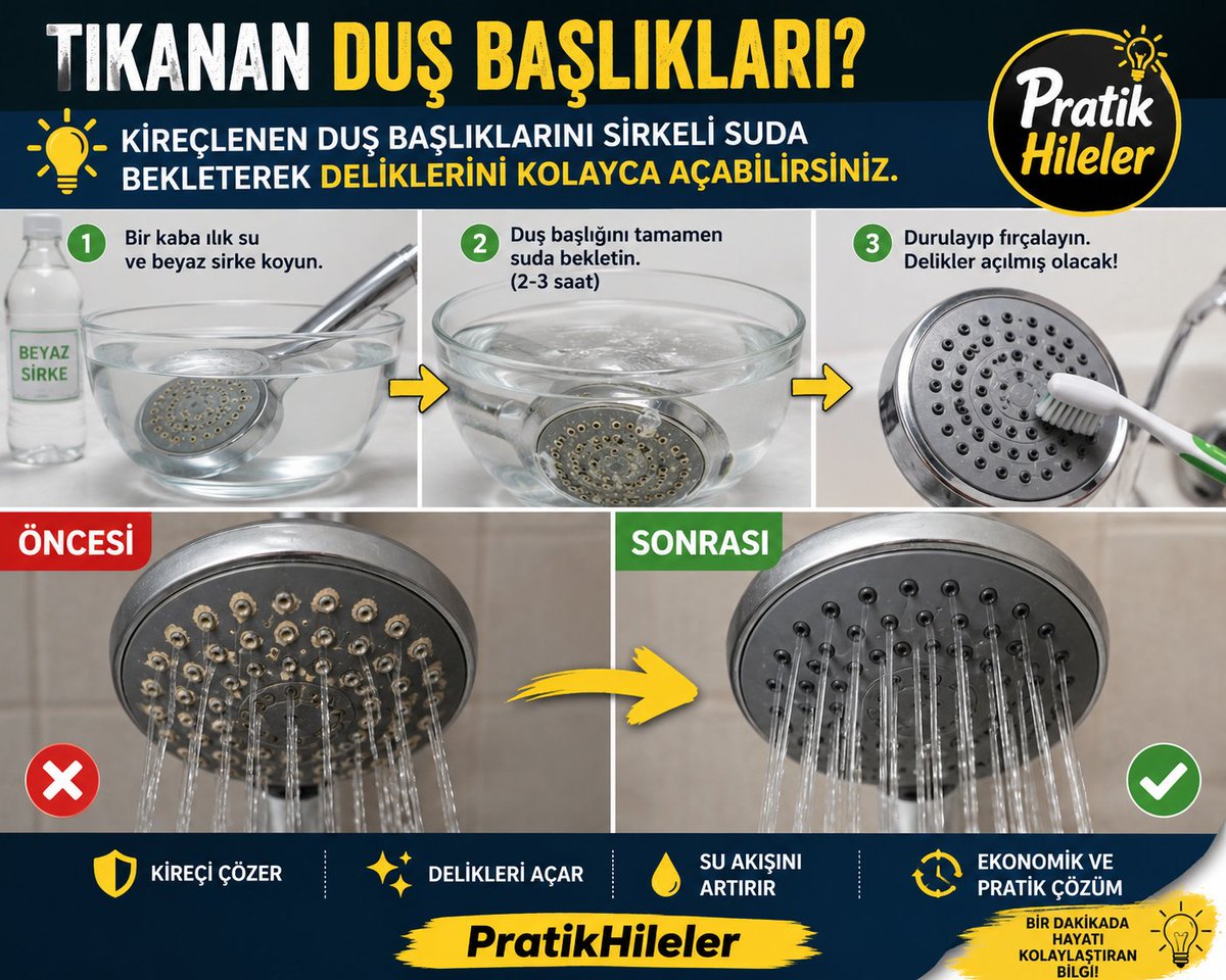 PratikHileler's tweet photo. 🚿 Duş Başlığınız Tıkandıysa Sakın Atmayın! 😱✨
Kireçlenen delikleri açmanın en kolay yolu: Sirke! 🧴
Birkaç saat bekletin, durulayın ve su akışındaki farkı görün. 💦
#PratikHileler #DuşBaşlığı #KireçTemizliği #EvHileleri #PratikBilgi https://t.co/AMdd5Egnks