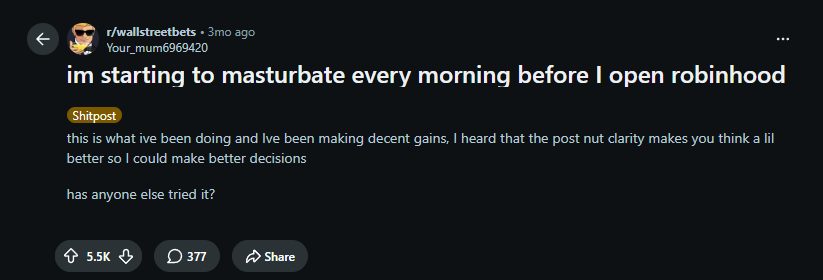 RattyOnChain's tweet photo. this post on r/Wallstreetbets is going giga viral

some chad says he goons before he trades and its been making him more profitable on robinhood 

https://t.co/wmdxOdt25f

he's a Goonoor https://t.co/1ryOqkGRL5