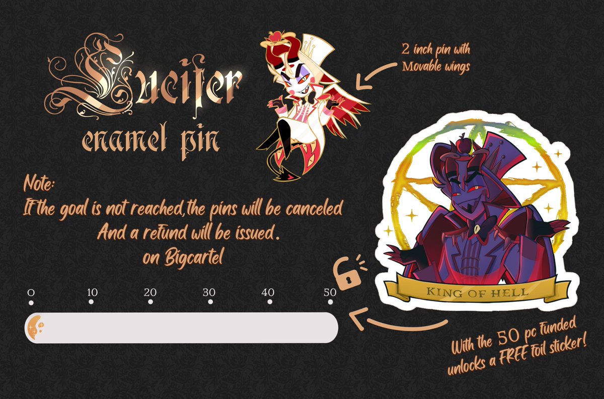 levtuves's tweet photo. Our moveable enamel pins are up for launch!! We need to hit 50 for each design for them to be produced!! Thank you for enjoying our designs <3

#alastor #lucifermorningstar https://t.co/XEsvFVbSI0