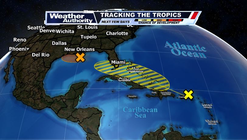 NickWTVA's tweet photo. 🌀SUNDAY TROPICS UPDATE🌀 The remnants of tropical storm Dolly will try to reform over the Greater Antilles. Another wave off the Louisiana coast now has a 50% chance of formation and could bring a ton of rain to Texas. These storms won't be a threat to Mississippi. https://t.co/0LHRRDrI9y