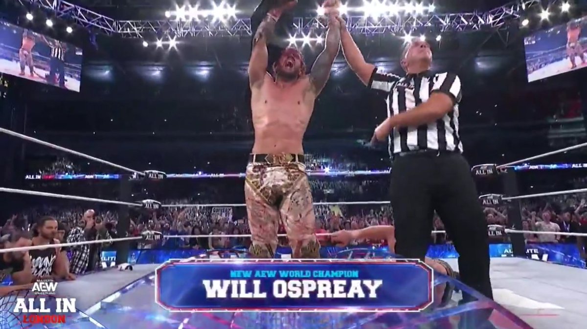 TheDrainmaker's tweet photo. Every ending of AEW All In so far.

2023: Better Than You BayBay friendship
2024: Bryan Danielson final big moment
2025: Hangman Page redemption
2026: Will Ospreay coronation https://t.co/yKjqql8jAS