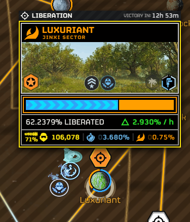 DemocraticStats's tweet photo. ⚠️📉RESISTANCE GOES DOWN ON LUXURIANT - CYBORGS ATTACK ZEFIA📉⚠️

As the final hours of the Major Order arrive, good news have arrived from Luxuriant, reports indicate that Terminid forces have been greatly weakened from 2.5% to 1.5%*.

The ETL (Estimated Time until Liberation) has fallen within the MO 'time borders', and it seems like the first phase of this campaign will be completed.

Also, thanks to Luxuriant's liberation, the Peacock system will be open for liberation for the first time since Trandor's fall on day 249 (13th of November, 2184).

However, on the eastern front, the Cyborgs have started an unprompted attack on the Zefia system, and Super Earth High Command has authorized the first ever Heavy Seaf Deployment on the bot front.