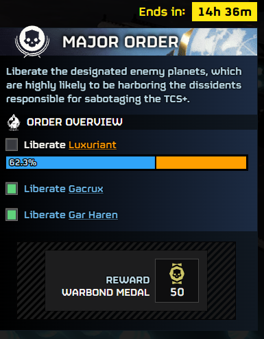DemocraticStats's tweet photo. ⚠️📉RESISTANCE GOES DOWN ON LUXURIANT - CYBORGS ATTACK ZEFIA📉⚠️

As the final hours of the Major Order arrive, good news have arrived from Luxuriant, reports indicate that Terminid forces have been greatly weakened from 2.5% to 1.5%*.

The ETL (Estimated Time until Liberation) has fallen within the MO 'time borders', and it seems like the first phase of this campaign will be completed.

Also, thanks to Luxuriant's liberation, the Peacock system will be open for liberation for the first time since Trandor's fall on day 249 (13th of November, 2184).

However, on the eastern front, the Cyborgs have started an unprompted attack on the Zefia system, and Super Earth High Command has authorized the first ever Heavy Seaf Deployment on the bot front.