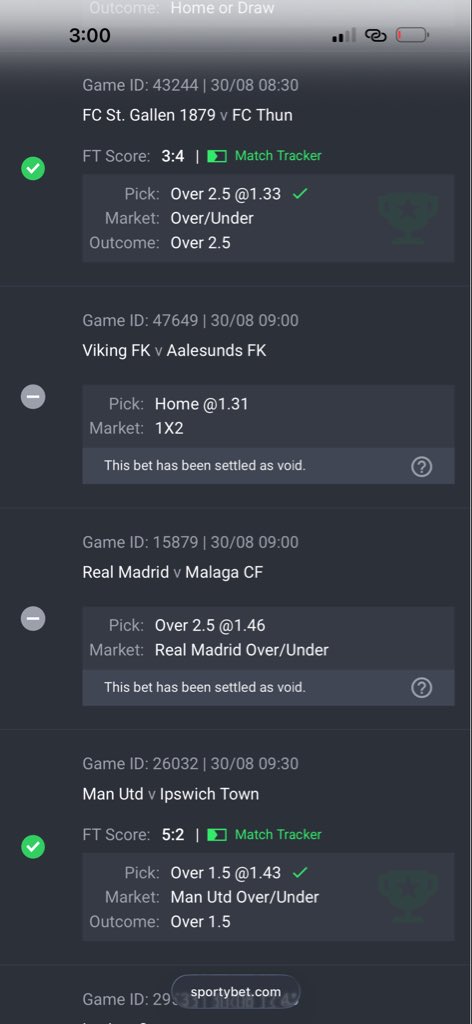 K_S_W7's tweet photo. Hello Sportybet. I placed my bet at approximately 8:47AM, 30/08/2026 while the matches started at approximately 4:00PM. The matches were initially settled as WON, but my bet was later changed to VOID. How is this even a late bet @SportyBetNG @sportybet https://t.co/hCq6O5mHed