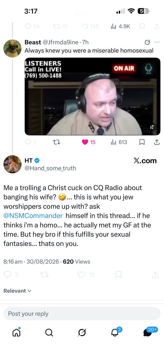 A1488Christian's tweet photo. @resistandfight3 The faggot blocked me but it’s so funny, his original story was “I was trolling that I fucked his wife” then realised that admitting to fucking dudes for money has nothing to do with saying you fucked a guy’s wife 🤣🤣🤣 https://t.co/HBGy7W0KlF