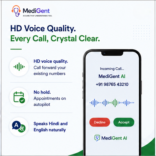 medigent_'s tweet photo. Your clinic deserves more than just a phone line. 🩺 MediGent AI helps doctors handle calls, automate appointments, follow up with patients, recover missed calls, and stay connected—so you can focus on what matters most: patient care. https://t.co/iDkpXcHH1b https://t.co/UsXOYUfKQv