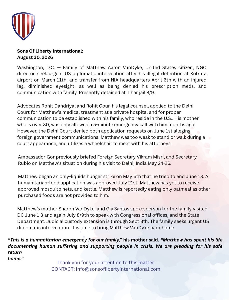 Matt_VanDyke's tweet photo. The family of @Matt_VanDyke seeks urgent U.S. diplomatic intervention as Matthew VanDyke is presently still denied basic detainee rights, and is being kept in solitary confinement at Tihar Jail 8/9 in Delhi, India. It is time to bring #MatthewVanDyke back home! #FreeVanDyke https://t.co/g1CrRnMnDF