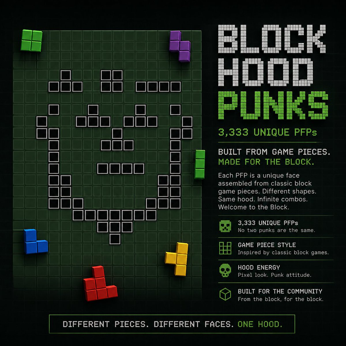 BHPUNKS's tweet photo. 🧱 $BHPUNKS is coming.
Built from blocks.
Powered by nostalgia.
Made for the culture.
One collection. 
One community. 
One token. 
🟢BLOCK HOOD PUNKS
$BHPUNKS 🧱
#BHPUNKS #NFT https://t.co/IhBfGADGRZ