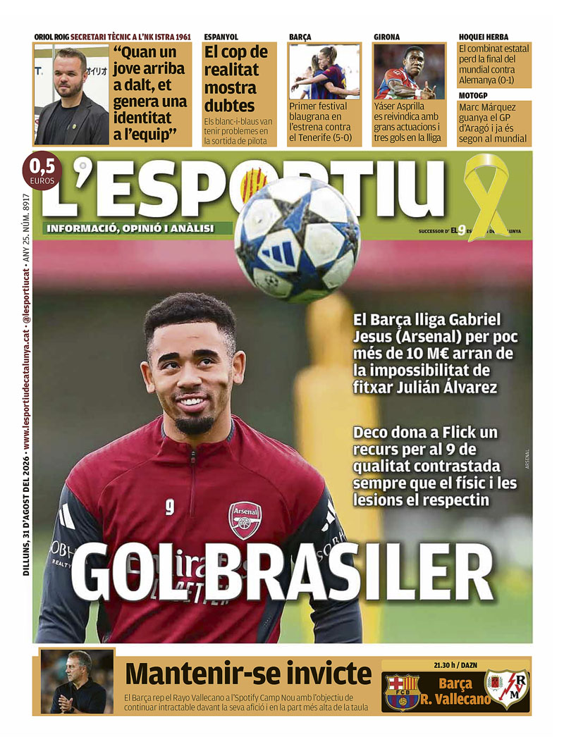 lesportiuCAT's tweet photo. Gol brasiler, la portada de @lesportiuCAT, @FCBarcelona_cat, @oriolroigb, @RCDEspanyol, @FCBfemeni, @GironaFC, @rfe_hockey, @MotoGP i @marcmarquez93 https://t.co/Yw2W9g6giD