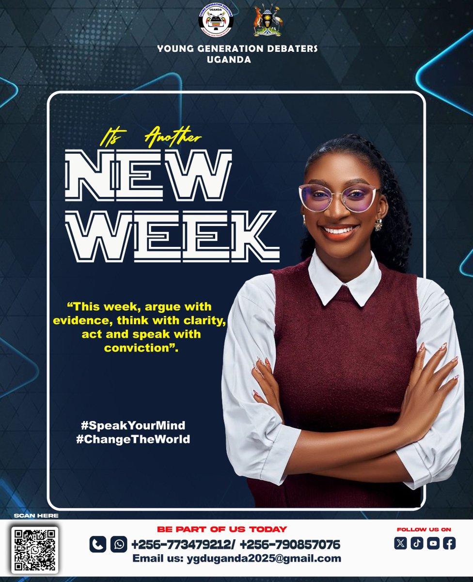 YoungDebators's tweet photo. *YGD UGANDA* 

A new week is another chance to learn, grow, and make an impact. Stay focused, stay positive, and keep working towards your goals.

 *Speak Your Mind, Change the World.* 
Contact us: 0773479212
Email us: ygduganda2025@gmail.com

#YGDU #NewWeek #YouthLeadership https://t.co/pm0tCgfTQO